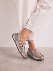 Silver Forever Comfort® Leather Round Toe Slim Driver Loafers - Image 1 of 10