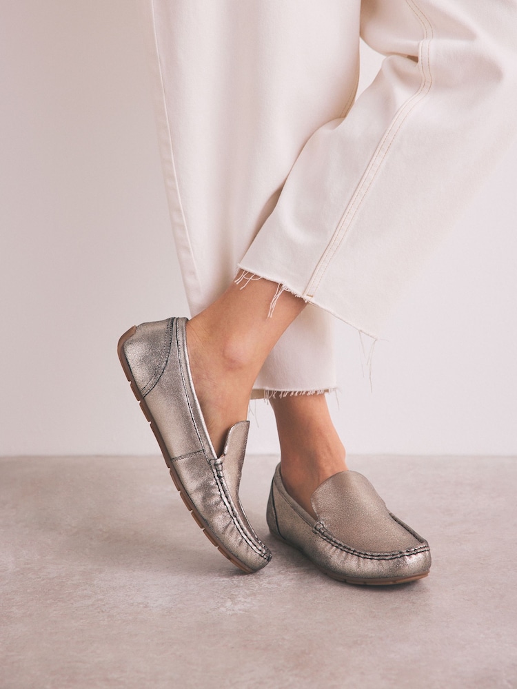 Silver Forever Comfort® Leather Round Toe Slim Driver Loafers - Image 1 of 10
