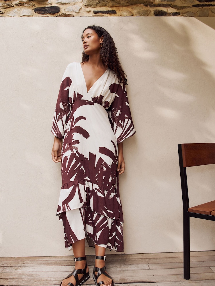 Castanho/Branco - Long Sleeve Beach Maxi Dress - Imagem 2 de 8