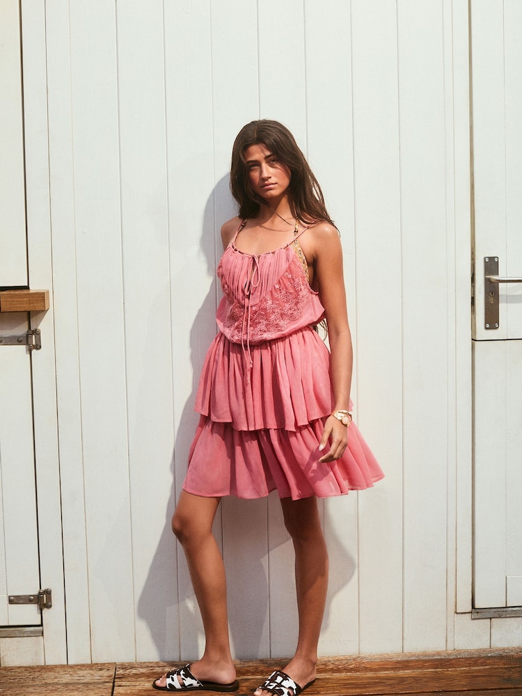 Buy Pink Tiered Mini Embroidered Dress from Next USA