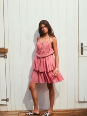 Pink Tiered Mini Embroidered Dress - Image 5 of 9
