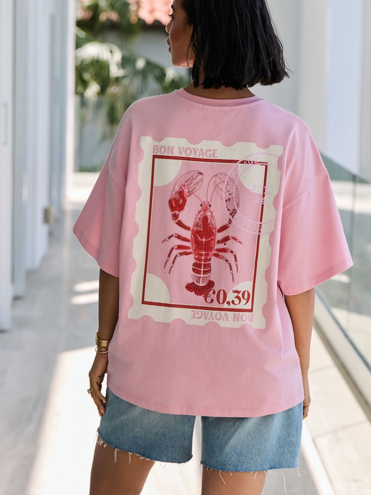 White/Pink Graphic Print Beach T-Shirt - Image 1 of 6
