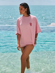 White/Pink Graphic Print Beach T-Shirt - Image 2 of 6