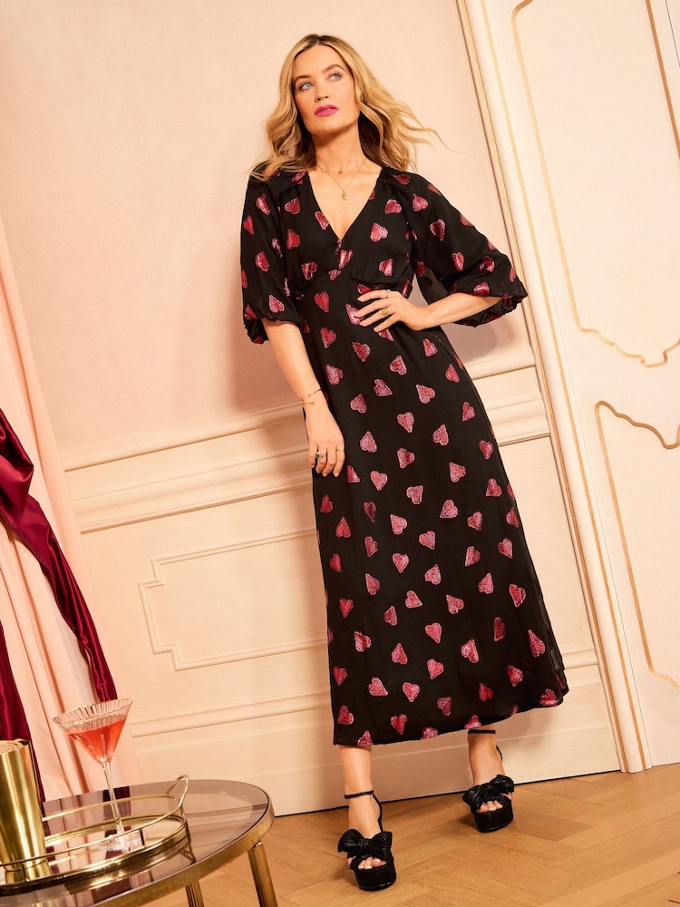 Love & Roses Black Heart Puff Sleeve Midi Dress - Image 1 of 4
