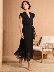 Love & Roses Black Lace Detail Pleated V-Neck Belted Midi Dress - Image 1 of 4