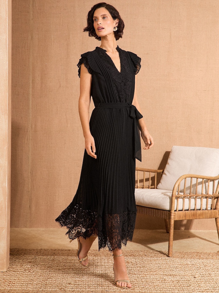 Love & Roses Black Lace Detail Pleated V-Neck Belted Midi Dress - Image 1 of 4