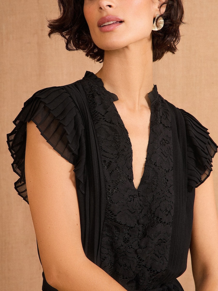 Love & Roses Black Lace Detail Pleated V-Neck Belted Midi Dress - Image 2 of 4
