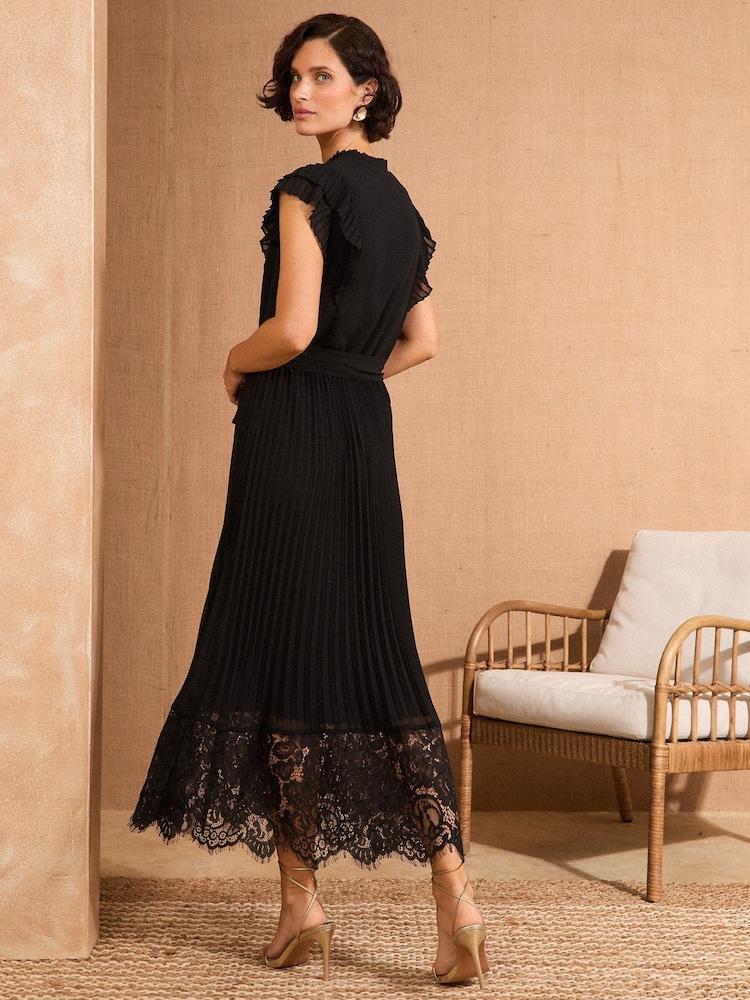 Love & Roses Black Lace Detail Pleated V-Neck Belted Midi Dress - Image 4 of 4