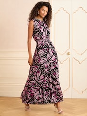 Love & Roses Green Abstract Embellished Metallic High Neck Ruffle Peplum Midi Dress - Image 1 of 5