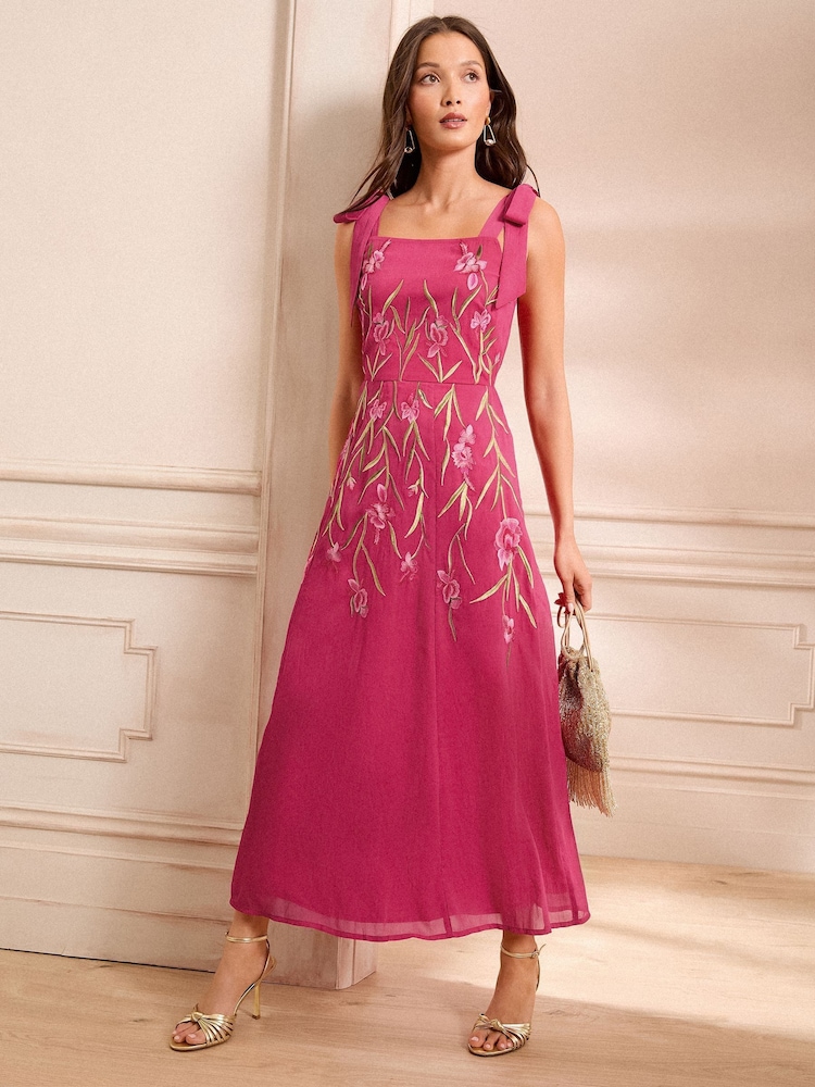 Love & Roses Pink Floral Print Embroidered Tie Shoulder Midaxi Dress - Image 1 of 5
