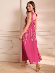 Love & Roses Pink Floral Print Embroidered Tie Shoulder Midaxi Dress - Image 3 of 5