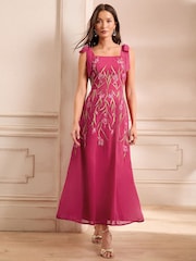 Love & Roses Pink Floral Print Embroidered Tie Shoulder Midaxi Dress - Image 5 of 5