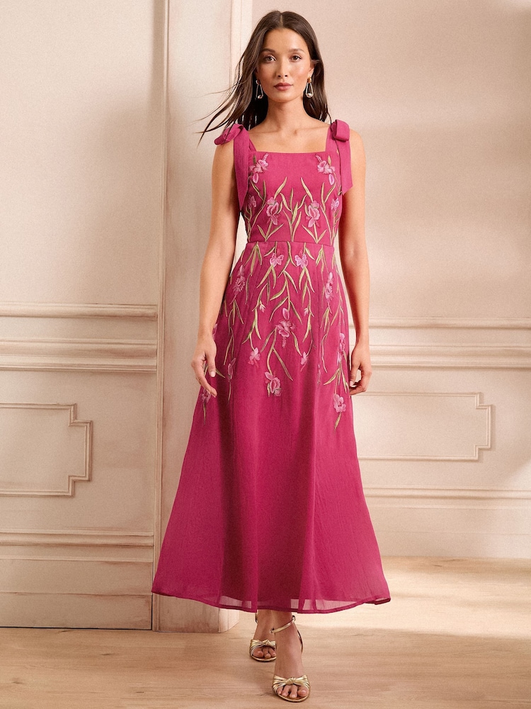 Love & Roses Pink Floral Print Embroidered Tie Shoulder Midaxi Dress - Image 5 of 5