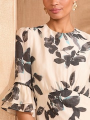 Love & Roses Ivory Floral Print Crew Neck Flute Sleeve Midi Dress - Image 2 of 4