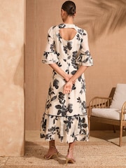 Love & Roses Ivory Floral Print Crew Neck Flute Sleeve Midi Dress - Image 4 of 4