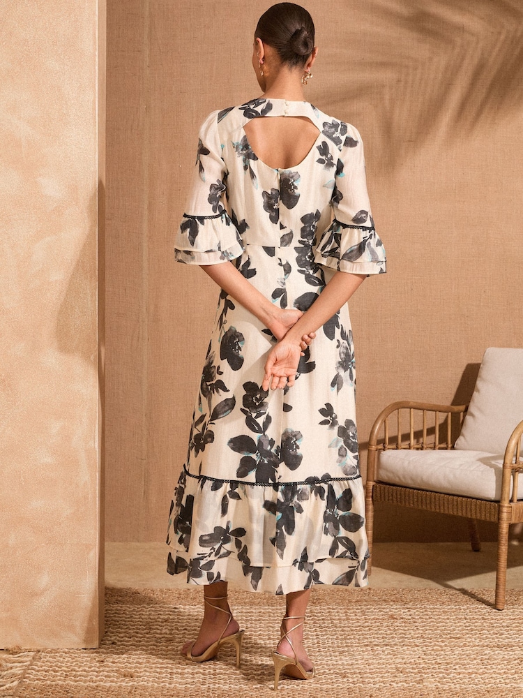 Love & Roses Ivory Floral Print Crew Neck Flute Sleeve Midi Dress - Image 4 of 4