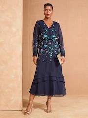 Love & Roses Navy Floral Print Embroidered Dobby Long Sleeve Midi Dress - Image 1 of 5