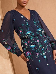 Love & Roses Navy Floral Print Embroidered Dobby Long Sleeve Midi Dress - Image 2 of 5