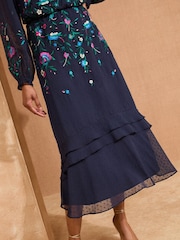 Love & Roses Navy Floral Print Embroidered Dobby Long Sleeve Midi Dress - Image 3 of 5