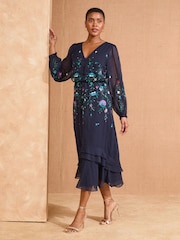 Love & Roses Navy Floral Print Embroidered Dobby Long Sleeve Midi Dress - Image 4 of 5