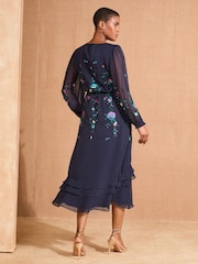 Love & Roses Navy Floral Print Embroidered Dobby Long Sleeve Midi Dress - Image 5 of 5
