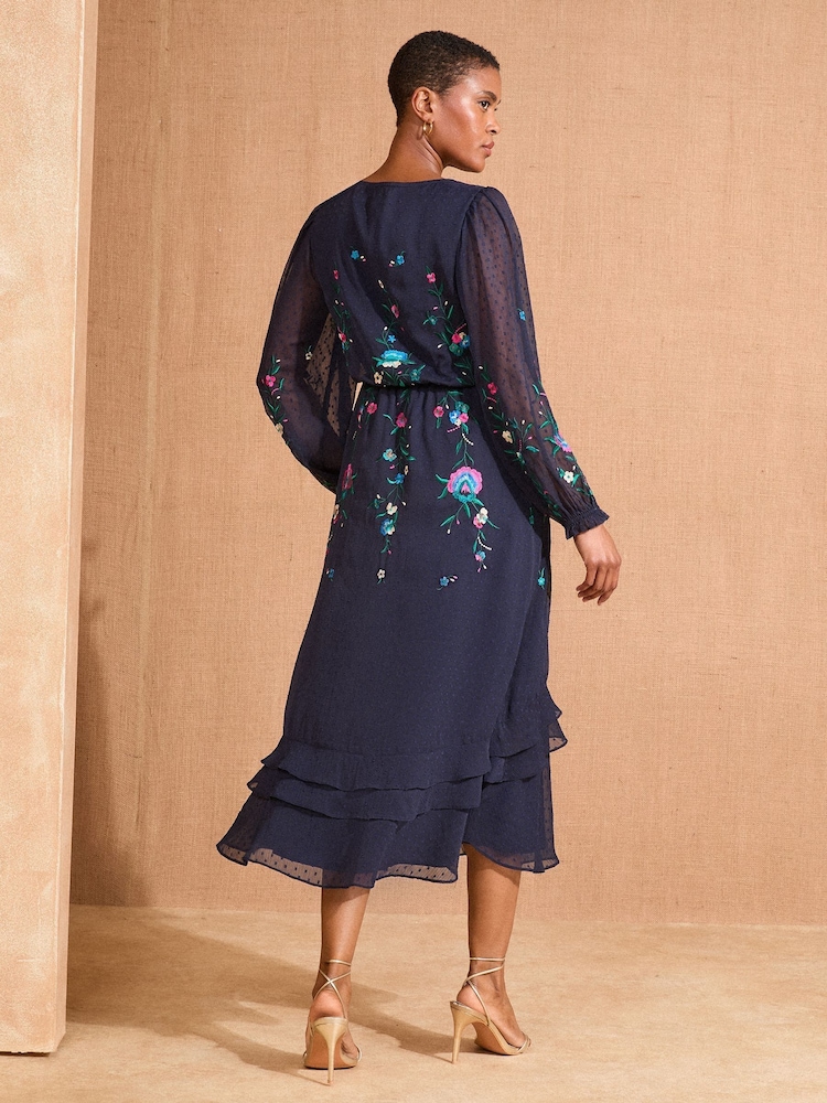 Love & Roses Navy Floral Print Embroidered Dobby Long Sleeve Midi Dress - Image 5 of 5