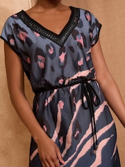 Love & Roses Navy Animal Print Satin Front Pu Trim V-Neck Jersey Mini Dress - Image 2 of 4