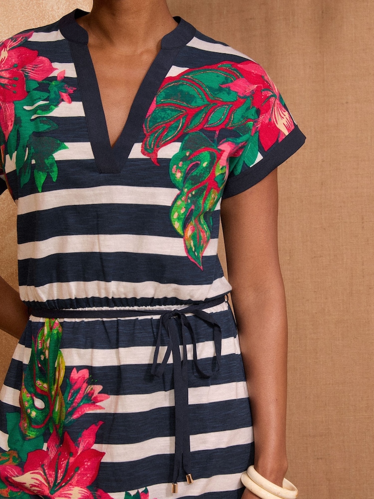 Love & Roses Navy Stripe Floral Belted V-Neck Jersey Mini Dress - Image 2 of 4