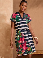 Love & Roses Navy Stripe Floral Belted V-Neck Jersey Mini Dress - Image 4 of 4