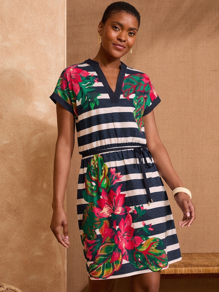 Love & Roses Navy Stripe Floral Belted V-Neck Jersey Mini Dress - Image 4 of 4 Love & Roses Navy Stripe Floral Belted V-Neck Jersey Mini Dress - Image 4 of 4