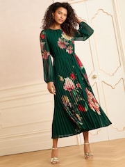 Love & Roses Green Floral Print Printed Crew Neck Pleated Long Sleeve Midi Dress - Image 1 of 4