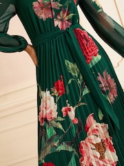 Love & Roses Green Floral Print Printed Crew Neck Pleated Long Sleeve Midi Dress - Image 2 of 4