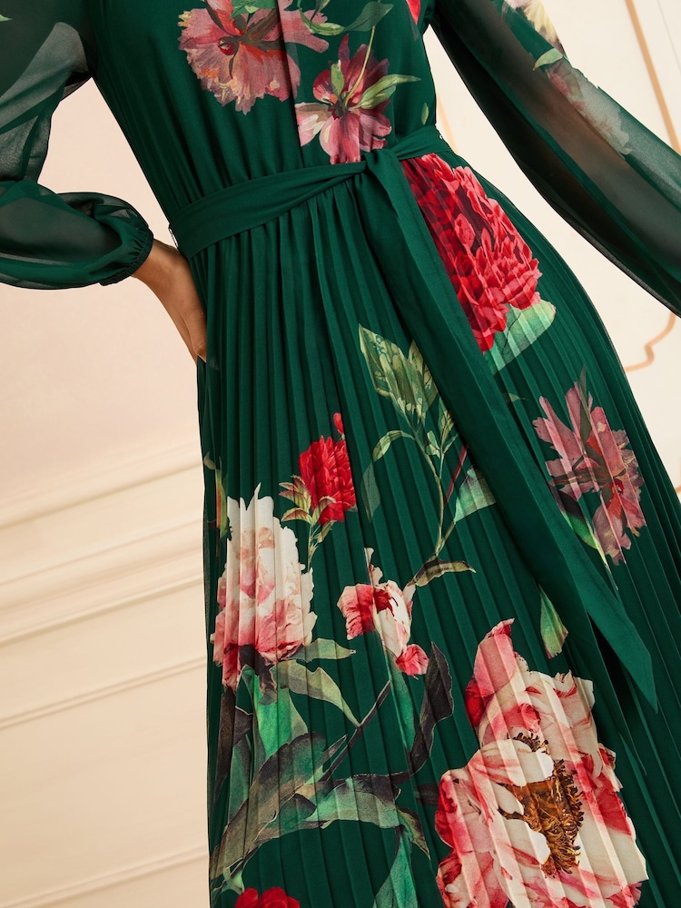 Love & Roses Green Floral Print Printed Crew Neck Pleated Long Sleeve Midi Dress - Image 2 of 4