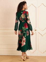 Love & Roses Green Floral Print Printed Crew Neck Pleated Long Sleeve Midi Dress - Image 3 of 4