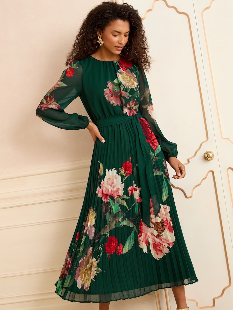 Love & Roses Green Floral Print Printed Crew Neck Pleated Long Sleeve Midi Dress - Image 4 of 4
