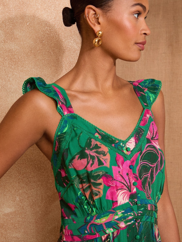 Love & Roses Green Palm Petite Printed Midi Sundress - Image 2 of 4
