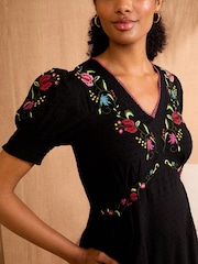 Love & Roses Black Petite Dobby Embroidered V-Neck Short Sleeve Midi Dress - Image 2 of 4