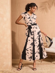 Love & Roses Ivory Geo Petite Printed Belted Midi Shirt Dress - Image 1 of 4