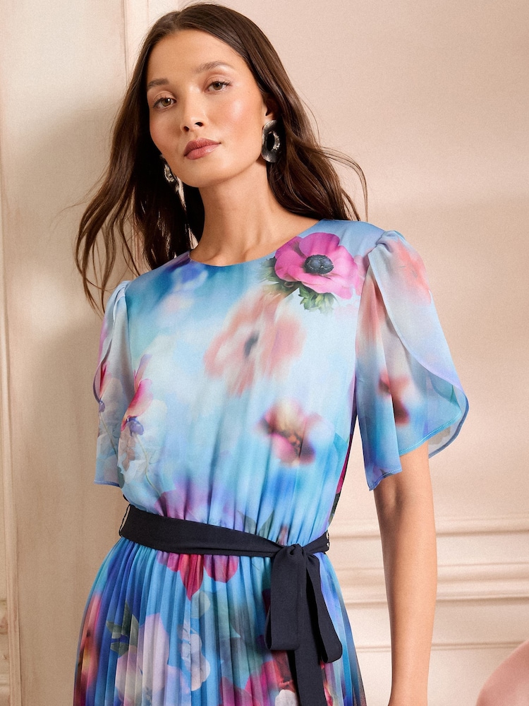 Love & Roses Blue Floral Petite Pleated Petal Sleeve Midi Dress - Image 2 of 5 Love & Roses Blue Floral Petite Pleated Petal Sleeve Midi Dress - Image 2 of 5