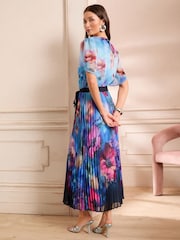 Love & Roses Blue Floral Petite Pleated Petal Sleeve Midi Dress - Image 4 of 5