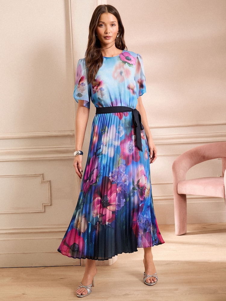 Love & Roses Blue Floral Petite Pleated Petal Sleeve Midi Dress - Image 5 of 5 Love & Roses Blue Floral Petite Pleated Petal Sleeve Midi Dress - Image 5 of 5