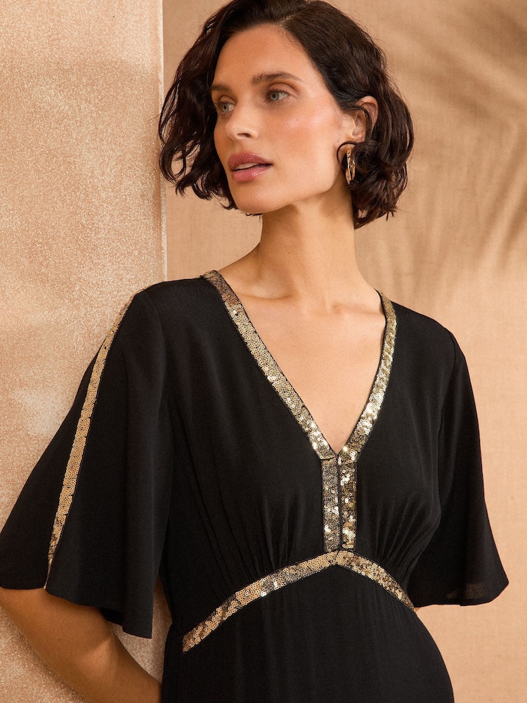 Love & Roses Black Sequin Angel Sleeve Midi Dress - Image 2 of 4 Love & Roses Black Sequin Angel Sleeve Midi Dress - Image 2 of 4