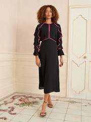 Love & Roses Black Ruffle Contrast Trim Midi Dress - Image 1 of 4
