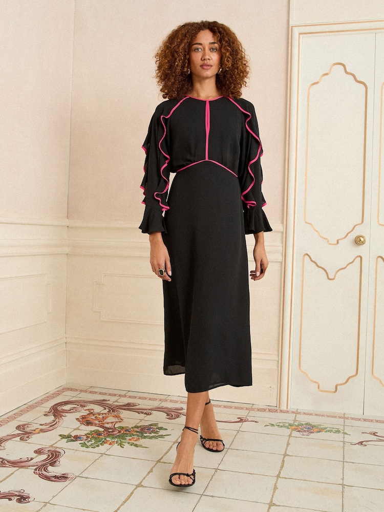Love & Roses Black Ruffle Contrast Trim Midi Dress - Image 1 of 4