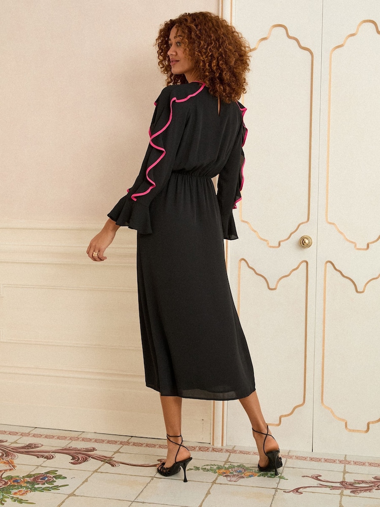 Love & Roses Black Ruffle Contrast Trim Midi Dress - Image 4 of 4
