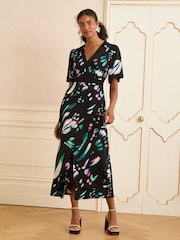 Love & Roses Black Abstract Jersey V-Neck Kimono Sleeve Midi Dress - Image 1 of 4