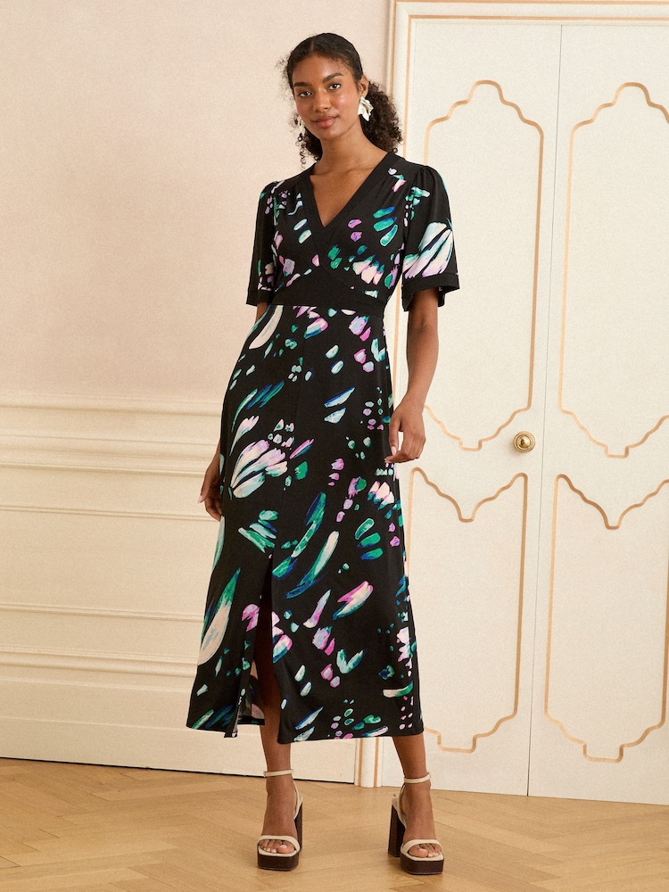 Love & Roses Black Abstract Jersey V-Neck Kimono Sleeve Midi Dress - Image 1 of 4 Love & Roses Black Abstract Jersey V-Neck Kimono Sleeve Midi Dress - Image 1 of 4