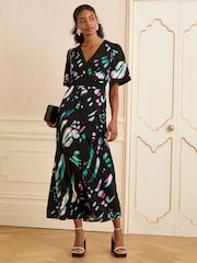 Love & Roses Black Abstract Jersey V-Neck Kimono Sleeve Midi Dress - Image 3 of 4