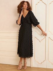 Love & Roses Black 3D Floral V-Neck Puff Sleeve Midi Dress - Image 1 of 4