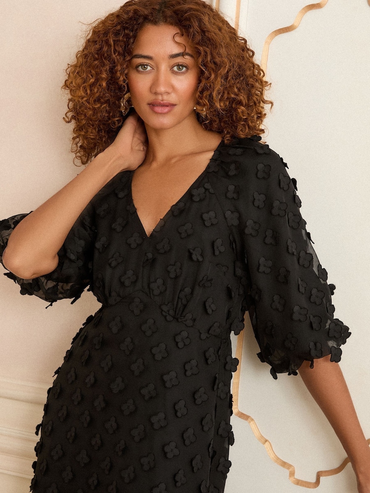 Love & Roses Black 3D Floral V-Neck Puff Sleeve Midi Dress - Image 2 of 4